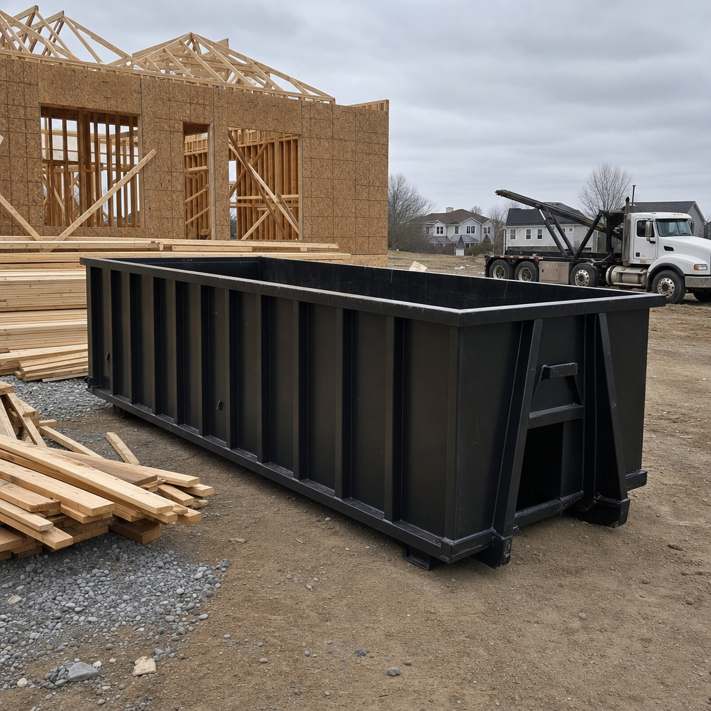Matte-black 40-yard roll-off dumpster staged on a framed-out residential construction site in Topeka, framing lumber stacked nearby, hooklift delivery truck visible in the background under bright Colorado daylight