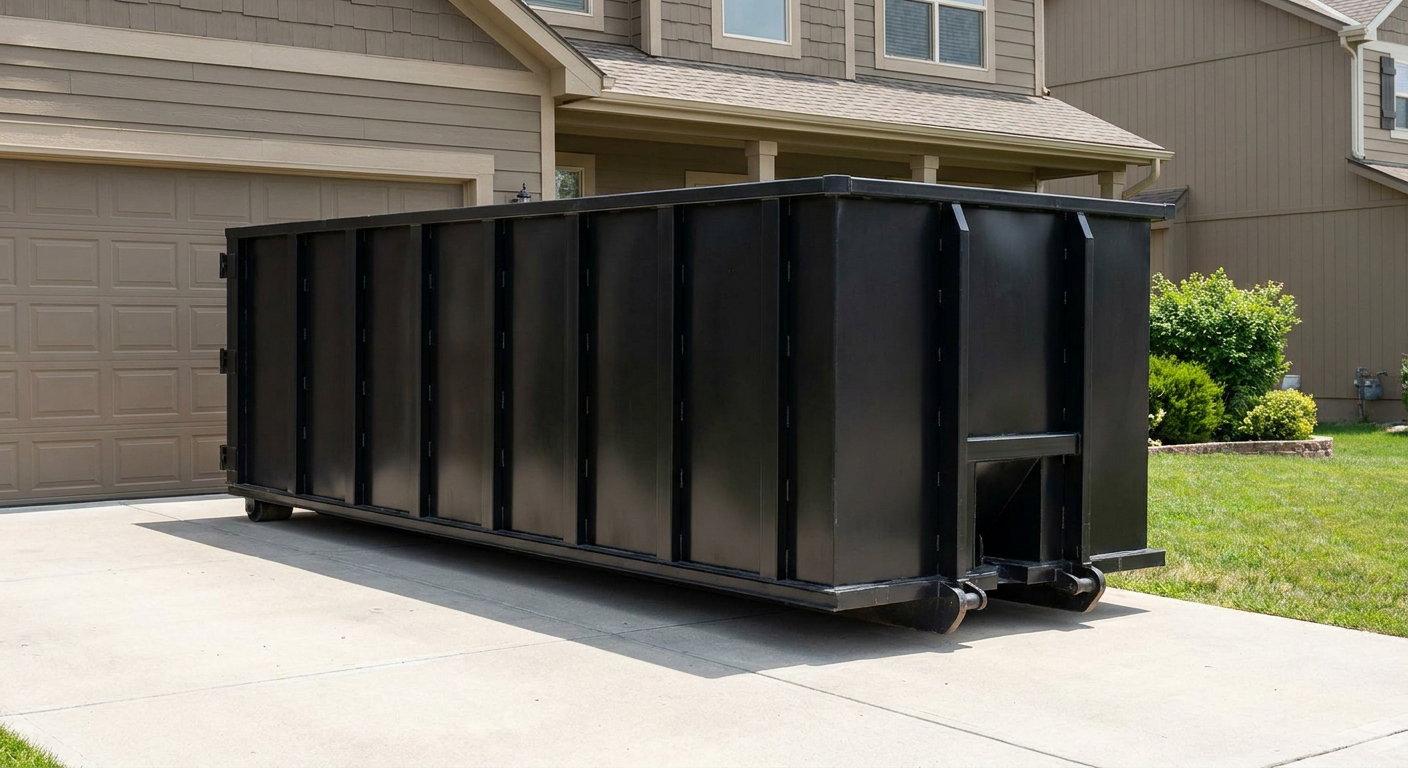 Matte-black residential roll-off dumpster sitting directly on a suburban Topeka concrete driveway, garage door closed, single-family home in background, bright morning daylight.