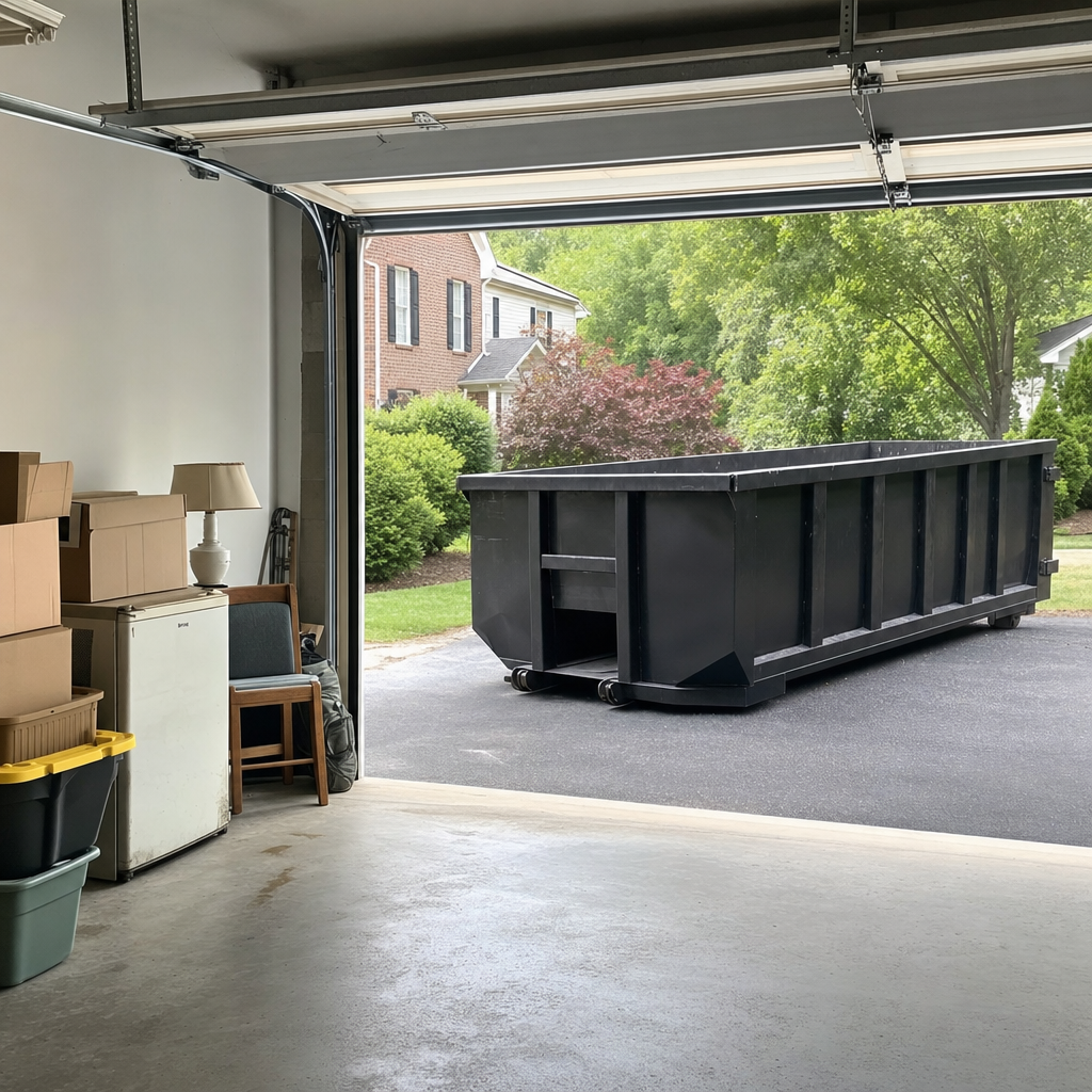 Open garage interior in a Topeka home mid-cleanout — boxed items, an old appliance, and stacked yard tools queued near the driveway for a matte-black roll-off dumpster, organized and calm
