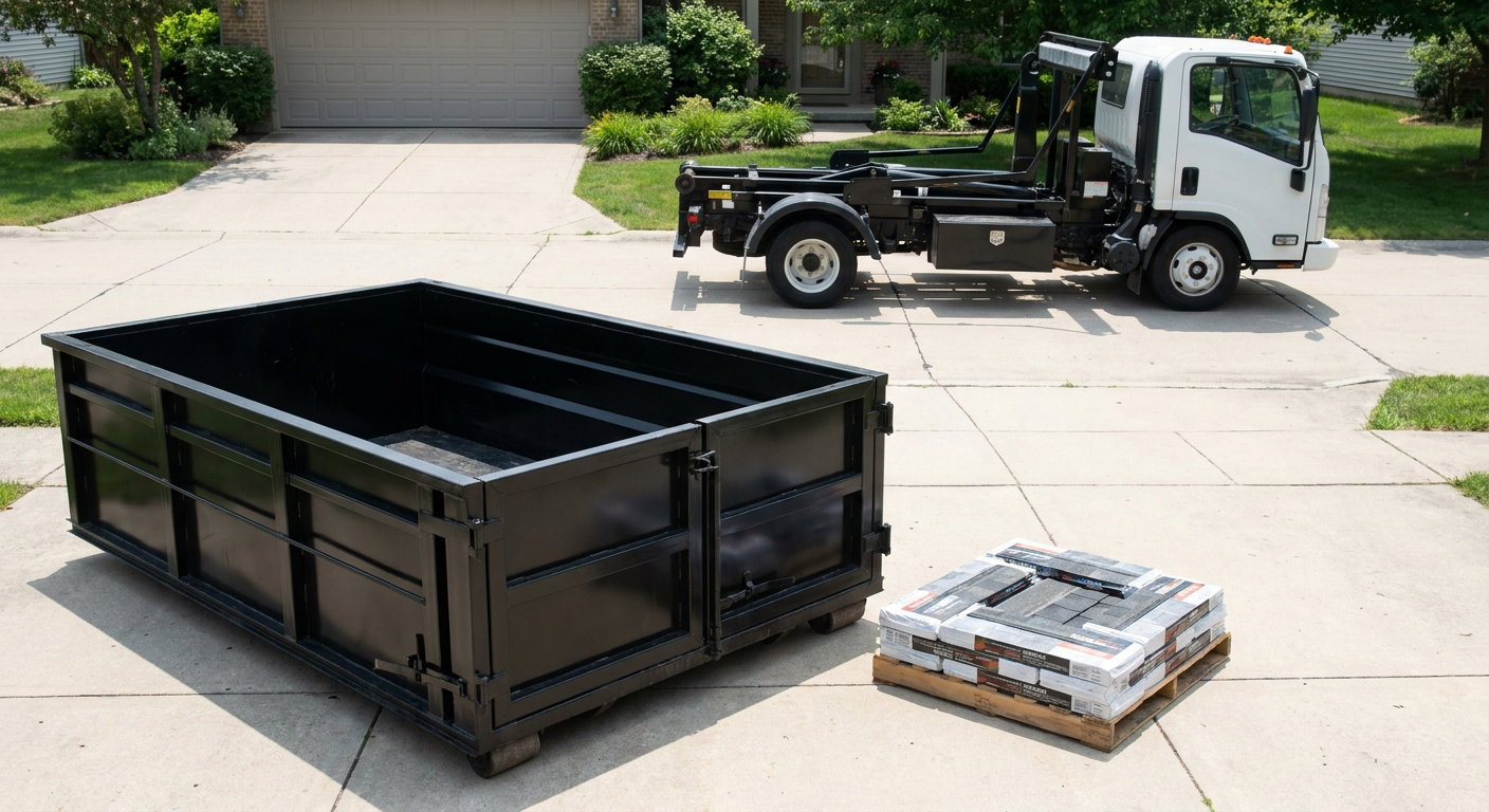 Matte-black 15-yard roofing roll-off dumpster with reinforced low side walls sitting directly on a Topeka residential concrete driveway, three-tab asphalt shingle bundles stacked nearby, an unmarked white hauler truck partially visible at the edge of the frame.