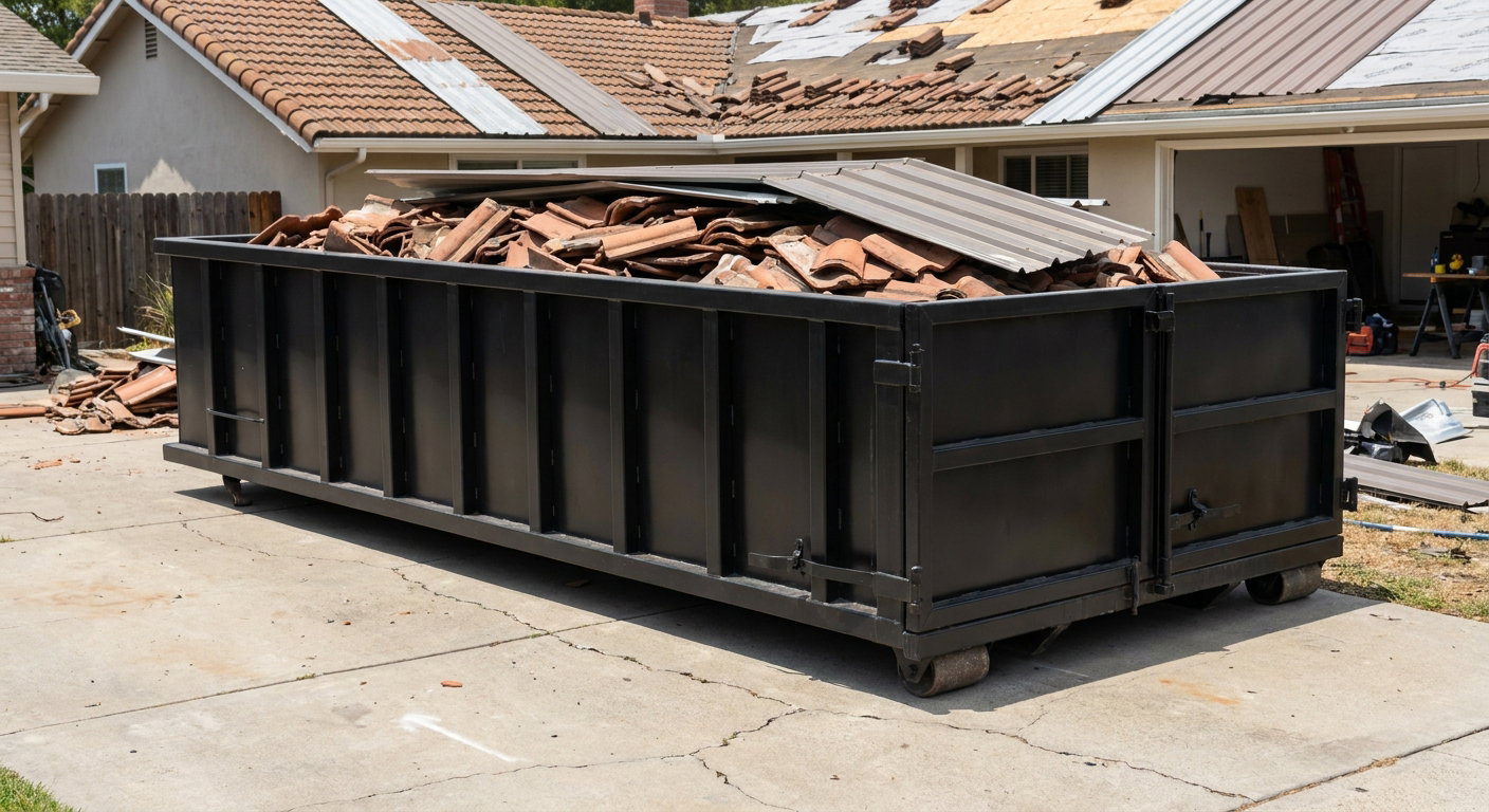 Matte-black low-wall heavy-debris roofing roll-off dumpster sitting directly on a Topeka concrete driveway, broken concrete clay roof tiles and metal panel sections loaded inside, reinforced ribbed steel side walls visible, bright outdoor daylight.