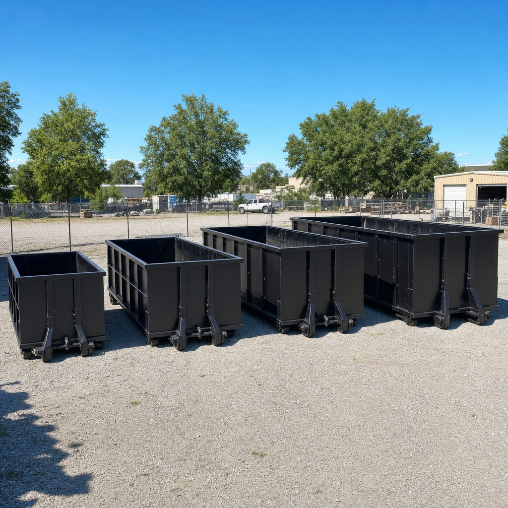A clean lineup of matte-black roll-off dumpsters in 10, 20, 30, and 40-yard sizes staged on a sunlit gravel yard in Topeka, showing the size progression from compact to commercial-scale containers.