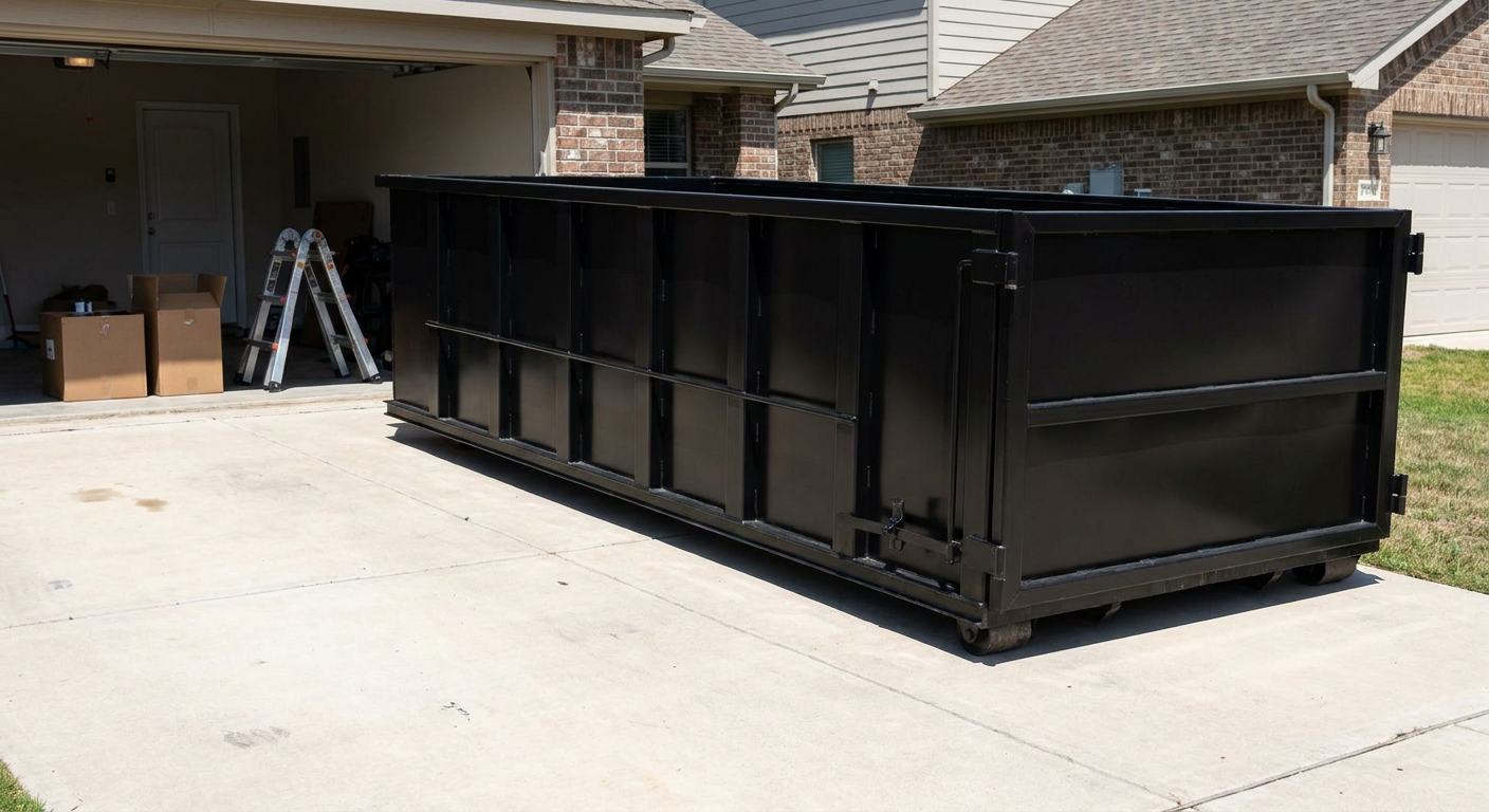 A matte-black 10-yard roll-off dumpster sitting directly on a residential Topeka concrete driveway, mid-day sunlight, clean and ready for a garage cleanout.