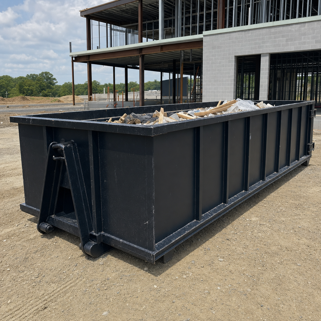 A matte-black 40-yard roll-off dumpster staged on a large Topeka commercial construction lot, with a hooklift delivery truck parked alongside under bright midday sky.